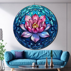 Tempered Glass Lotus Wall Art | Lotus Stained Round | Wall Hangings | Lotus Round Circle | Gift for Her | Flowers Pattern | Lotus Wall Art