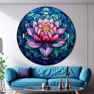 Lotus Tempered Glass Wall Art | Lotus Stained Pattern Round | Wall Hangings | Lotus Round Circle | Gift for Her | Flowers Pattern | Beauty