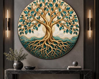 Tree Of Life Circle Glass Art, Teal Gold Glass Decor, Botanical Wall Art, Nature Round Wall Decor, Tempered Glass Art, Extra Large Wall Art