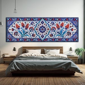 Op de afbeelding: Een rechthoekig wandkunstwerk met een symmetrisch bloemmotief in Iznik-stijl, voorzien van rode tulpen, blauwe bladeren en ingewikkelde donkerblauwe en witte geometrische randen, gecentreerd rond een groot, sierlijk blauw-wit medaillon.