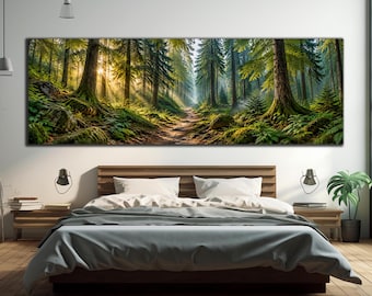 Forest Path Glass Art, Sunlit Woodland Glass Decor, Green Nature Wall Art, Scenic Forest Wall Decor, Tempered Glass Art, Panoramic Wall Art