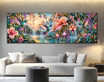 Hummingbird Glass Art, Hibiscus Flower Glass Decor, Tropical Wall Art, Waterfall Wall Decor, Tempered Glass Art, Panoramic Nature Wall Art