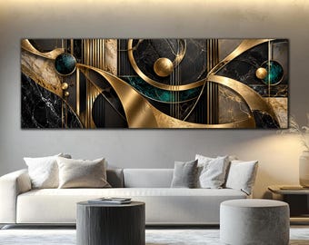 Black Gold Abstract Glass Art, Teal Marble Glass Decor, Modern Geometric Wall Art, Luxury Wall Decor, Tempered Glass Art, Panoramic Wall Art