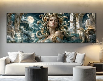 Medusa Glass Art, White Gold Glass Decor, Greek Mythology Wall Art, Luxury Gorgon Wall Decor, Tempered Glass Art, Large Panoramic Wall Art