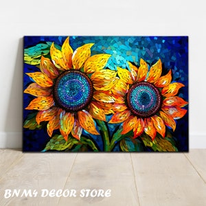 Arte de pared de girasoles de vidrio templado / Impresión de girasoles en vidrio / Regalo de inauguración de la casa / Arte de pared de flores / Regalo para ella / Arte de vidrio con patrón de colores