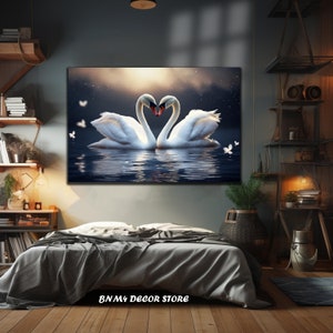 May include: Two white swans with their necks intertwined in the shape of a heart, floating on a dark blue lake with a starry sky and a bright light in the background.