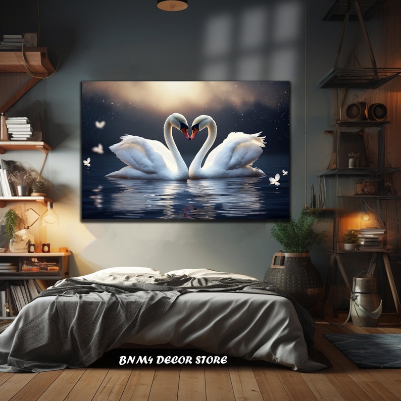 May include: Two white swans with their necks intertwined in the shape of a heart, floating on a dark blue lake with a starry sky and a bright light in the background.