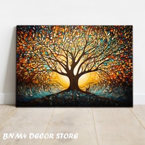 May include: A colorful abstract painting of a tree with a sun shining behind it. The tree has a thick trunk and many branches with leaves in shades of orange, yellow, blue, and green. The sun is a bright yellow circle with rays of light.