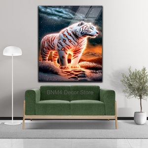 May include: A white tiger with orange stripes stands on a rocky path in a fantasy landscape. The tiger is illuminated by a bright light, creating a glowing effect. The background is a dark blue sky with stars.