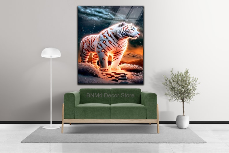 May include: A white tiger with orange stripes stands on a rocky path in a fantasy landscape. The tiger is illuminated by a bright light, creating a glowing effect. The background is a dark blue sky with stars.