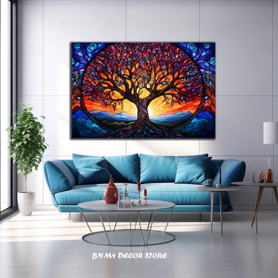 Life of Tree Tempered Glass Decor | Stained Glass Art | Colorful Life of Tree Print | Large Wall Art | Housewarming Gift |Stained Window Art