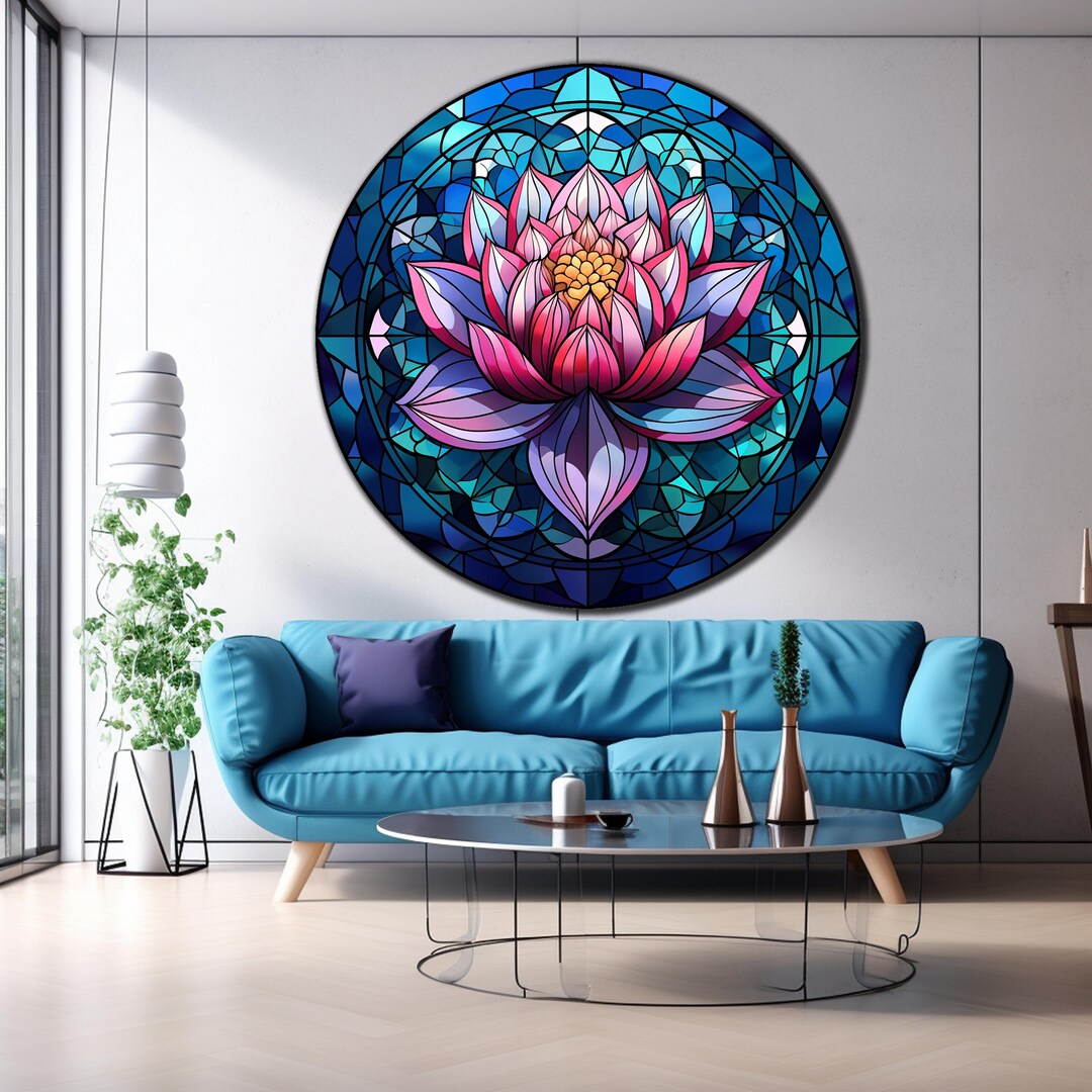 Lotus Tempered Glass Wall Art | Lotus Stained Pattern Round | Wall ...