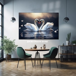 May include: Two white swans with their necks intertwined in the shape of a heart, floating on a dark blue lake with a starry sky and white butterflies in the background. The swans are facing each other and their beaks are touching. The image is titled "BNMY DECOR STORE".