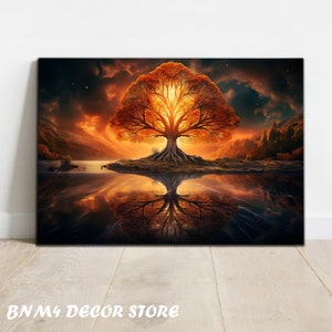 May include: A fiery orange tree with glowing branches stands in a lake, its reflection mirrored in the water. The sky is dark with stars and clouds, creating a dramatic and mystical scene.