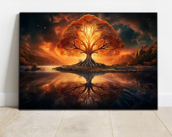 Life of Tree Tempered Glass Wall Art | Tree Wall Art | Burning Tree of Life | Glass Printing | Large Wall Art | Wall Hangings | Sunset Glass