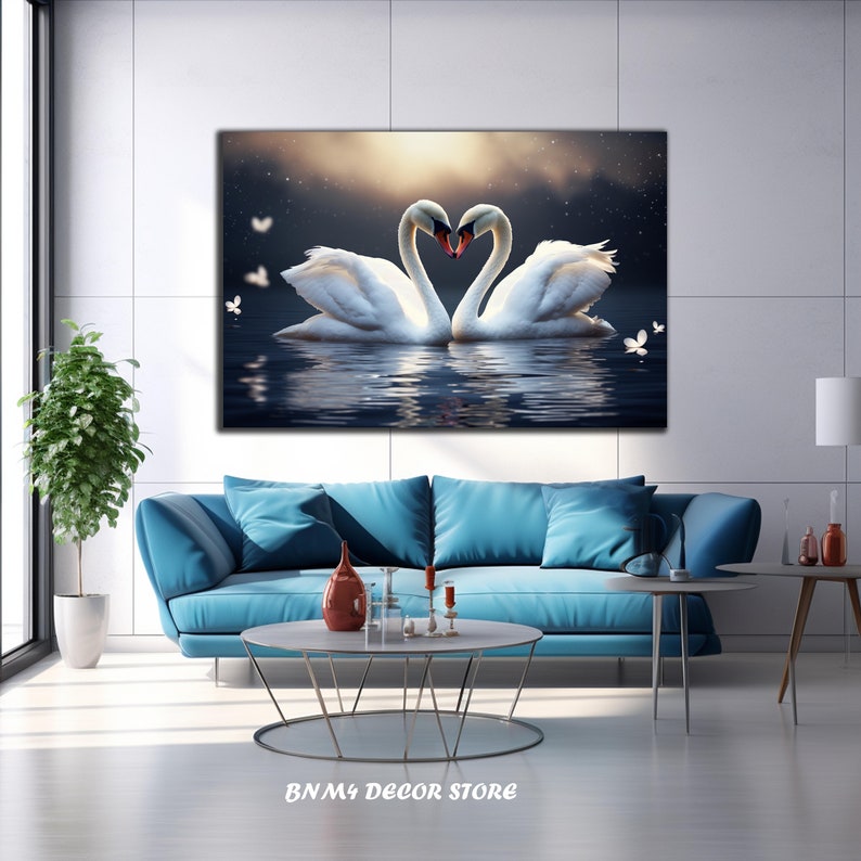 May include: Two white swans with their necks intertwined in the shape of a heart, floating on a dark blue lake with a sunset in the background. The swans are surrounded by white butterflies.