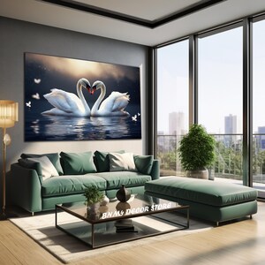 May include: A canvas print featuring a romantic scene of two white swans with their necks intertwined, forming a heart shape. The swans are reflected in the water, and the background is a dark blue sky with stars and a moon.