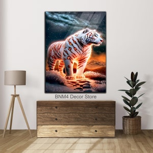 May include: A white tiger with orange stripes stands on a snowy path with a starry night sky in the background. The tiger has glowing orange spots on its body. BNM4 Decor Store is printed at the bottom of the image.