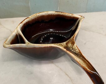 1960s Brown Drip Gourmet by Pfaltzgraff, stoneware double spout sauce or gravy boat