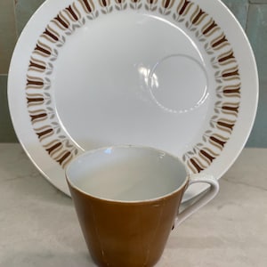 May include: A white ceramic teacup and saucer set. The saucer has a brown and gray floral pattern around the rim. The teacup is brown on the outside and white on the inside.