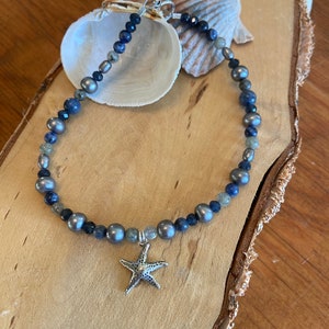 Silver Starfish Charm Anklet with Freshwater Pearls, Labradorite and Lapis Luzuli