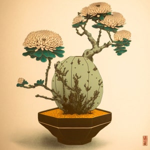 Ukiyo-e Bonsai Tree, Vase, Ukiyoe, Ukiyo e, Japan, Art, Minimalist, Vintage, Paper, Digital, Wall