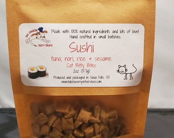 Sushi Cat Treat. Handcrafted in small batches. All natural, human grade ingredients. Safe for all ages. Preservative Free.