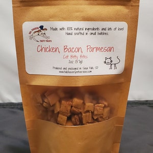 Chicken Bacon Parmesan Cat Treat. Homemade in small batches. All natural, humane grade ingredients. Safe for all ages.
