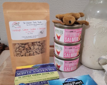 Salmon Sardine & Anchovy Cat Treat. Handcrafted in small batches. All natural, human grade ingredients. Safe for all ages.Preservative Free.