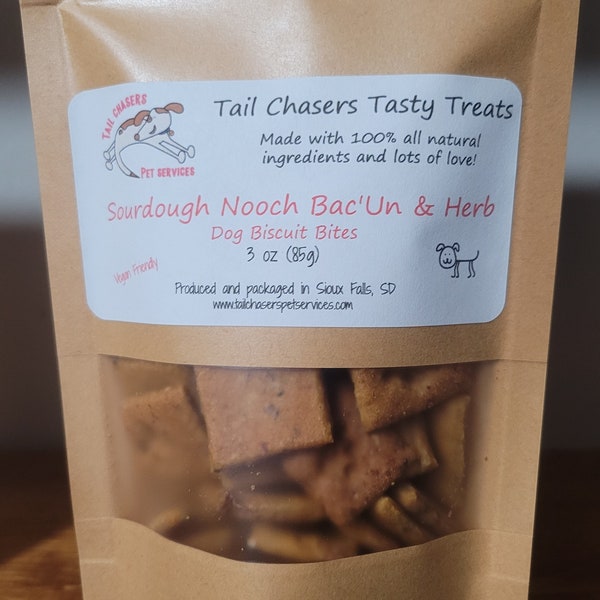 Nooch Bac 'Un & Herb Dog Treats. Vegan Friendly. All natural, humane grade ingredients. Handcrafted in small batches.  Preservative Free.