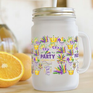 Pot Mason design Mardi Gras, mug en verre, mug pour Mardi Gras, Mardi Gras Vibes, mug en verre alcoolisé, mug de fête