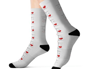 Calcetines con gráficos de corazón, Calcetines de sublimación, Calcetines personalizados, Calcetines personalizados, Calcetines para mujer, Calcetines personalizados