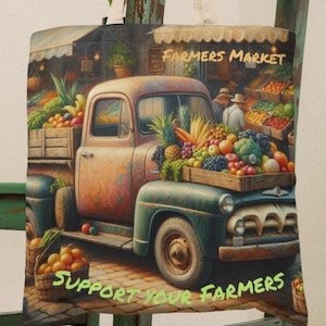 Farmers Market Tote Bag, Reusable Support Your Farmers Tote Bag, Multi-Pocket Farmers Market Bag, Grocery Bag, Canvas Tote Bag, Book Bag
