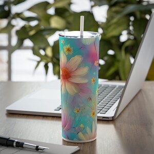 Design de flor colorida em copo de aço fino com palha, copo personalizado, copo personalizado, copos de aço inoxidável para bebidas