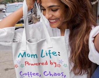 Mom Life Tote Bag, Funny Mom Gift, Coffee Chaos and Love Bag, Mother's Day Gift for Mom, Cute Mom Tote, Everyday Mom Life Tote, Grocery Bag