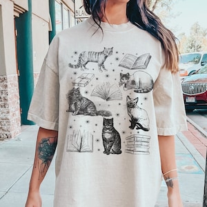 Comfort Colors Retro Cats Books Shirt, Mystical Cat, Light Academia, Cottagecore Aesthetic Cat Shirt, Cat Book Lover Gifts, Bookish Indie