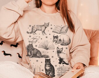 Retro Cat Book Sweatshirt, Mystical Cat, Light Academia, Cottagecore Aesthetic Cat Crewneck, Cat Book Lovers Gifts, Bookish Indie Sweatshirt