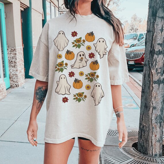 Retro Floral Ghost Shirt, Spooky Cottagecore Halloween, Retro Pumpkin Patch, Cute Fall Sunflower Shirt, Cute Ghost Flower Shirt