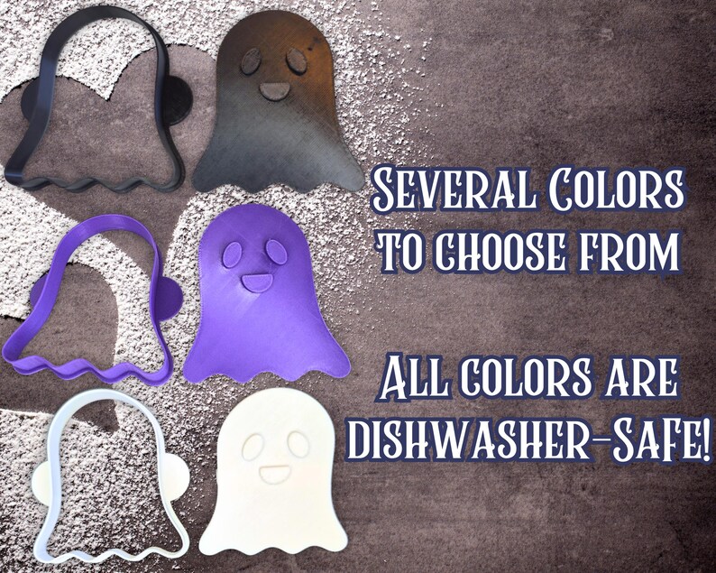 May include: A collection of ghost-shaped cookie cutters in various colors, including black, purple, and white. The image also displays a ghost in a gradient of brown and gray. Text on the image reads "Several colors to choose from" and "All colors are dishwasher-safe!"