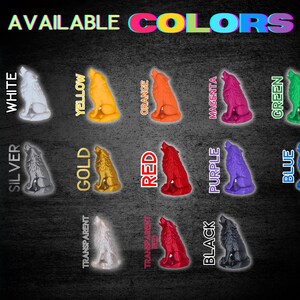 May include: A collection of howling wolf figurines in various colors, including white, silver, gold, yellow, orange, red, magenta, green, purple, blue, transparent, and black. The text "AVAILABLE COLORS" is displayed at the top. The text "DISHWASHER SAFE!" is on the left.