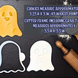 May include: A ghost-shaped cookie cutter and a baked cookie. The cookie cutter is white, and the baked cookie is yellow. The text on the image says the cookies measure approximately 3.25"H x 3"W. The cutter frame measures approximately 3.5"H x 3.5"W.