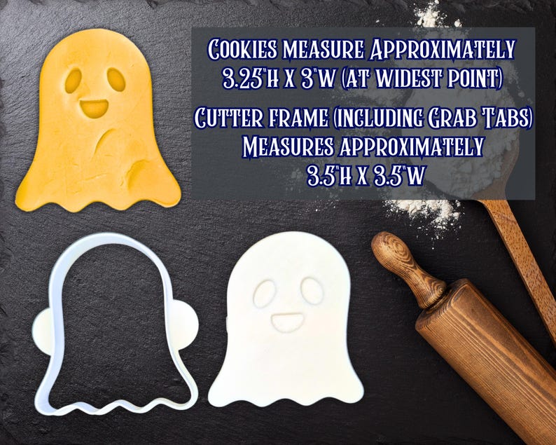 May include: A ghost-shaped cookie cutter and a baked cookie. The cookie cutter is white, and the baked cookie is yellow. The text on the image says the cookies measure approximately 3.25"H x 3"W. The cutter frame measures approximately 3.5"H x 3.5"W.