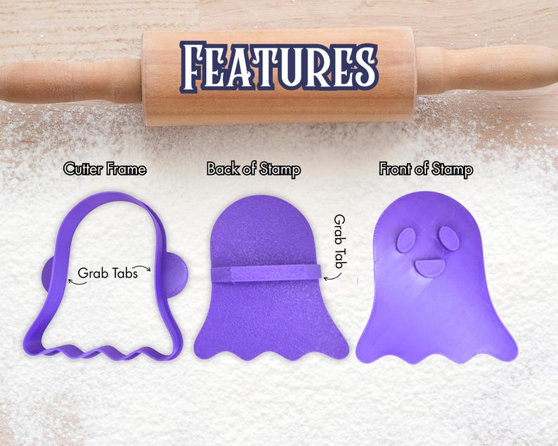 May include: A wooden rolling pin with the word "FEATURES" in blue and white text. Three purple ghost-shaped cookie cutters are displayed, labeled "Cutter Frame", "Back of Stamp", and "Front of Stamp". The cutters have grab tabs.
