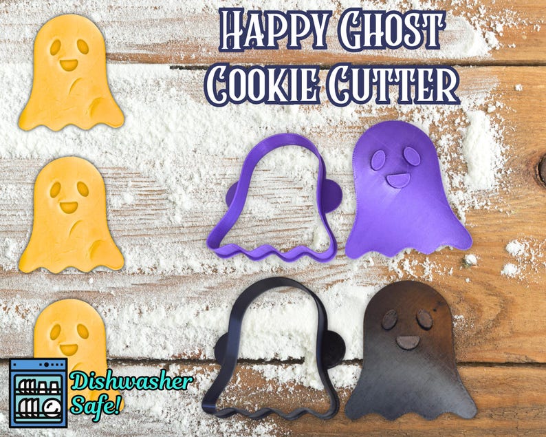 May include: Image features a "Happy Ghost Cookie Cutter" with three yellow ghost cookies and three ghost-shaped cookie cutters in purple and black. The text "Dishwasher Safe!" is also visible.