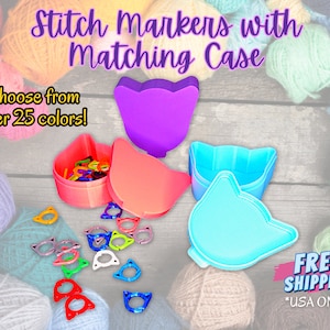50 Cat-themed Stitch Markers with Snap-Lid Cat Case Set | Knitting and Crochet | 3D Printed | Choose your own colors!