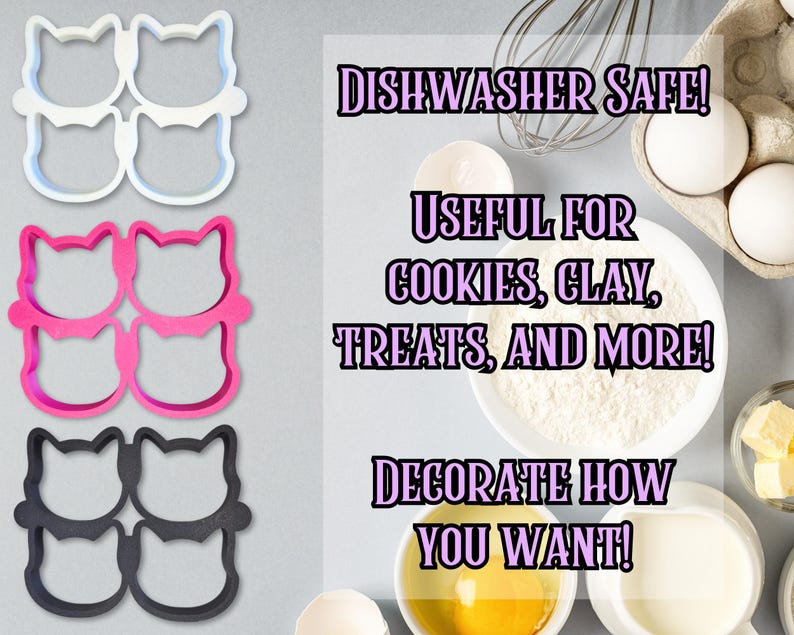 May include: A set of cat-shaped cookie cutters in white, pink, and black. The image includes text that reads "Dishwasher Safe! Useful for Cookies, Clay, Treats, and More! Decorate How You Want!"