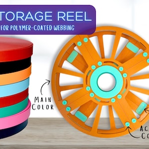 Puede incluir: Carrete de almacenamiento naranja para cinta recubierta de polímero. El carrete tiene un color de acento turquesa. El carrete está diseñado para sujetar y almacenar cinta.