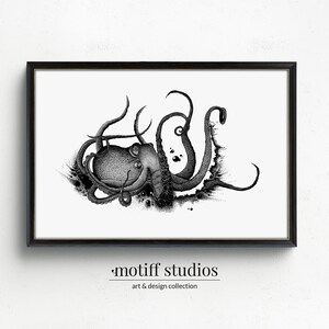 Nautical Octopus Black and White | Ink Stippling Wall Art Printable | Dark Aesthetic Digital Download Prints | O-121