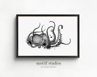 Pulpo náutico en blanco y negro / Arte mural con punteado de tinta imprimible / Impresiones digitales descargables de estética oscura / O-121