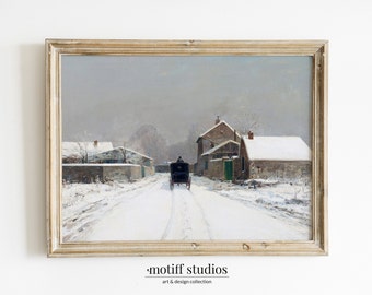 May include: A framed painting depicting a snowy winter scene with a horse-drawn carriage travelling down a road lined with houses. The sky is a muted grey, and the snow is white. The houses are a mix of brown and grey, and the carriage is black.